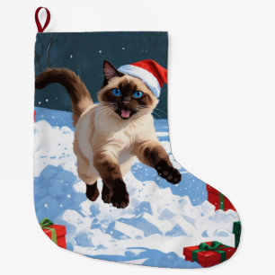 Meia De Natal Grande Gato Siames Correndo na Neve com Chapéu de Natal