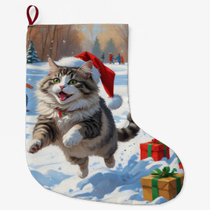 Meia De Natal Grande Gato Siberiano Correndo na Neve com Chapéu de Nata