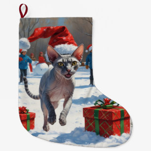 Meia De Natal Grande Gato Sphynx Correndo na Neve com Chapéu de Natal