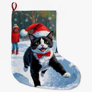 Meia De Natal Grande Gato Tuxedo Correndo na Neve com Chapéu de Natal