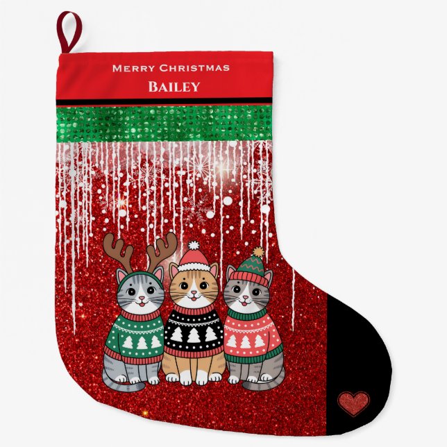 Meia De Natal Grande Gatos Bonitos Nome Personalizado Feliz Natal (Frente)