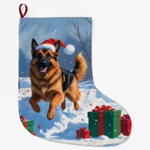 Meia De Natal Grande German shepherd correndo em neve com chapéu de Nat