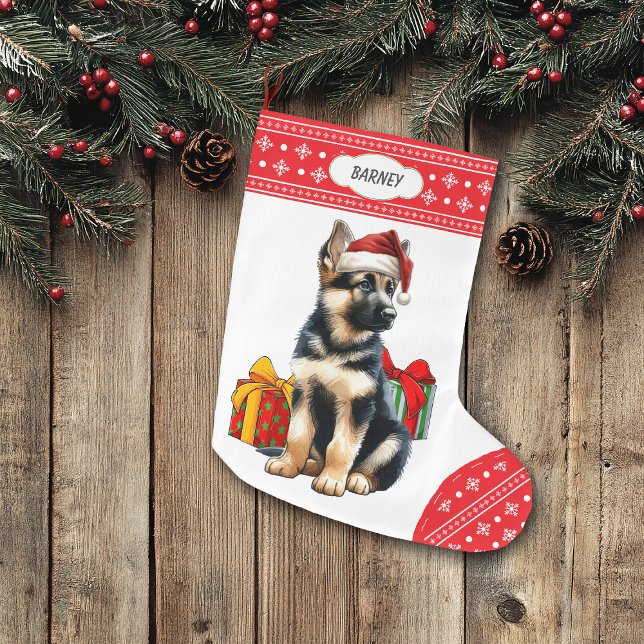 Meia De Natal Grande German shepherd Puppy Santa Hat Snowflake (Criador carregado)