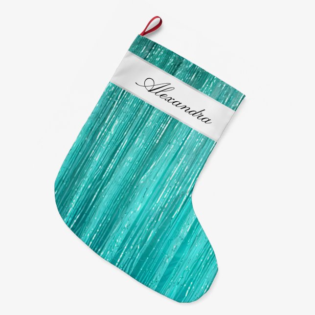 Meia De Natal Grande Girly Aqua Mint Glam Glitzy Tinsel Stripes (Frente (Pendurada))