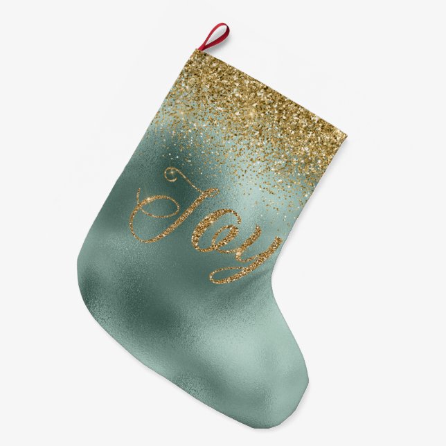 Meia De Natal Grande Glam Aqua Green Glitter Joy (Frente (Pendurada))