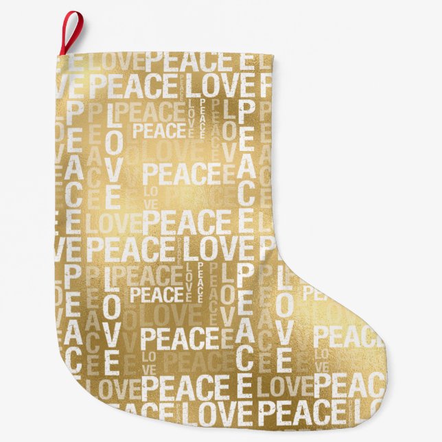 Meia De Natal Grande Glam Dourado Peace Love (Frente)