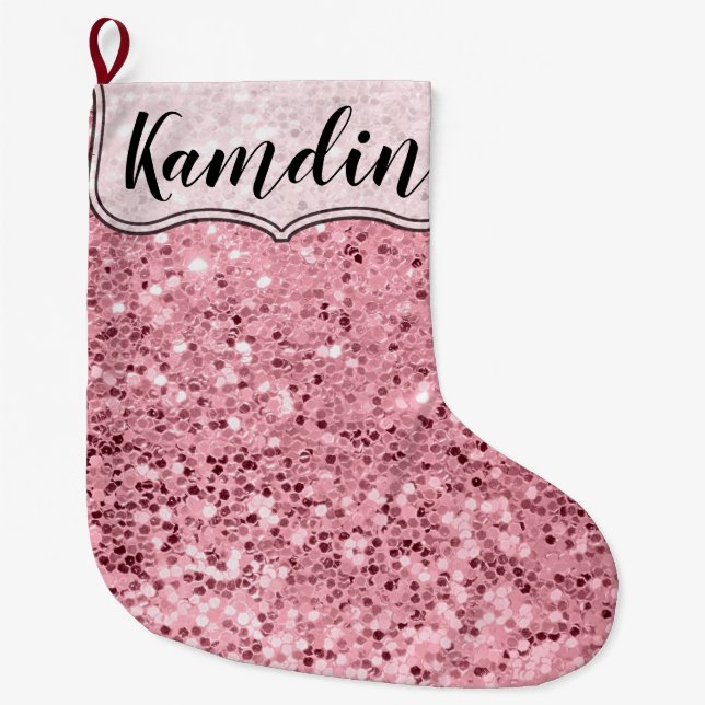 Meia De Natal Grande Glitter Dourado Rosa de Armazenamento Personalizad (Frente)