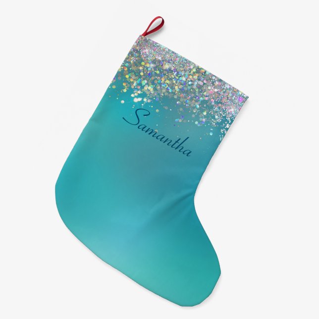 Meia De Natal Grande Glitter Holográfico Personalizado do Ombre Teal (Frente (Pendurada))