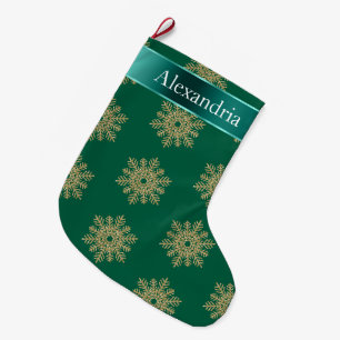 Meia De Natal Grande Glitter Verde Dourado Flocos de Neve Nome de Natal