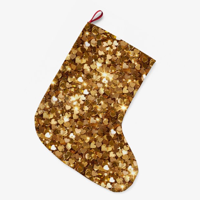 Meia De Natal Grande Gold Glitz Glam Sparkle Hearts (Frente (Pendurada))
