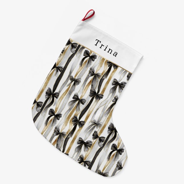 Meia De Natal Grande Gold Silver Christmas Black Ribbons & Bows (Frente (Pendurada))