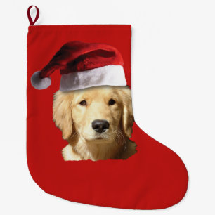 Meia De Natal Grande Golden retriever do Natal no chapéu de Papai Noel