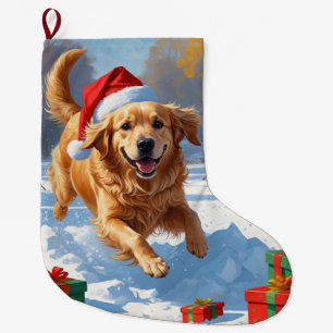 Meia De Natal Grande Golden Retriever na Neve com Chapéu de Natal