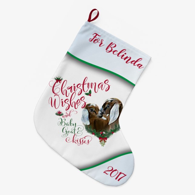 Meia De Natal Grande GOTA | Natal Deseja Bebê Goat Kisses Nubian 3 (Frente (Pendurada))