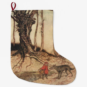 Meia De Natal Grande Gravura vintage de Chapeuzinho Vermelho e Lobo de