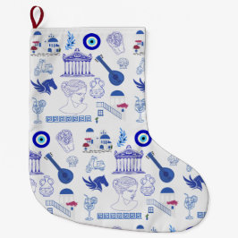 Meia De Natal Grande Grécia Azul e Branco