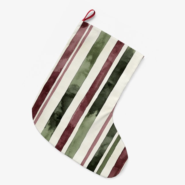 Meia De Natal Grande Green Burgundy Strips Natal (Frente (Pendurada))