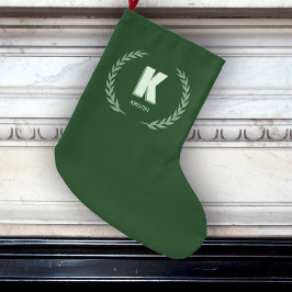 Meia De Natal Grande Green Laurel Wreath Letter K Monogram 