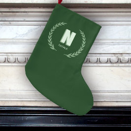 Meia De Natal Grande Green Laurel Wreath Letter N Monogram 