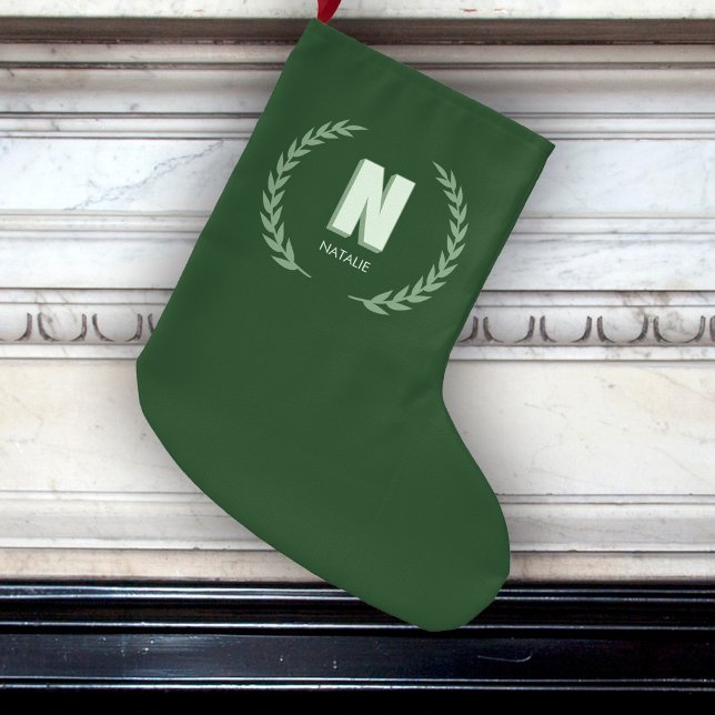 Meia De Natal Grande Green Laurel Wreath Letter N Monogram  (Criador carregado)