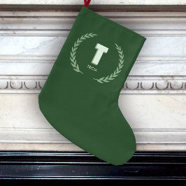 Meia De Natal Grande Green Laurel Wreath Letter T Monogram 