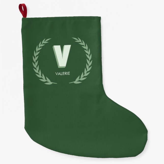 Meia De Natal Grande Green Laurel Wreath Letter V Monogram  (Frente)