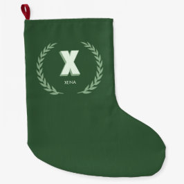 Meia De Natal Grande Green Laurel Wreath Letter X Monogram 