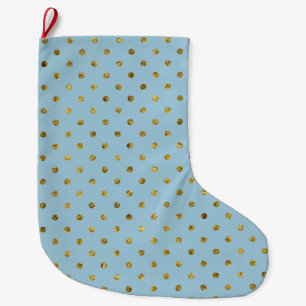 Meia De Natal Grande Grelha Dourada Chic e Pontos Azuis