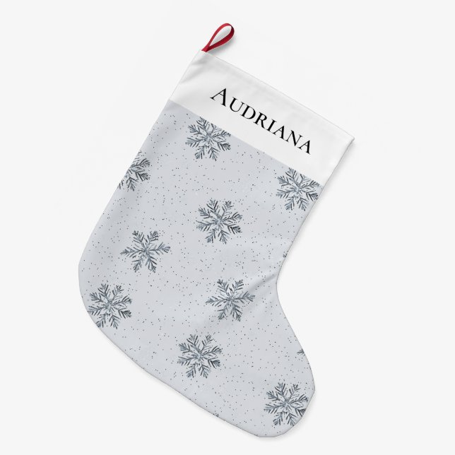 Meia De Natal Grande Grey Silver Snowflakes Christmas (Frente (Pendurada))