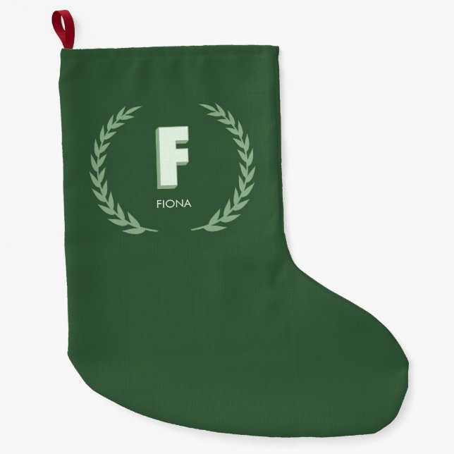 Meia De Natal Grande Grinalda de Louro Verde Letra F Monograma  (Frente)