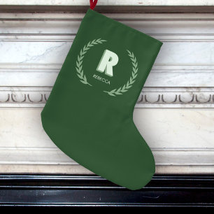 Meia De Natal Grande Guirlanda de Louro Verde Letra R Monograma 