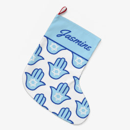 Meia De Natal Grande Hamsa - Estrelo Judaico - Estrelo Azul Hanukkah - 
