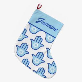 Meia De Natal Grande Hamsa - Estrelo Judaico - Estrelo Azul Hanukkah - 