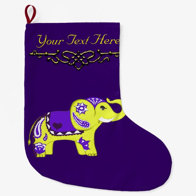 Meia De Natal Grande Henna Elephant (Amarelo/Roxo) (Frente)
