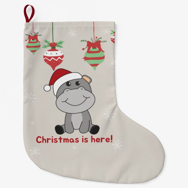 Meia De Natal Grande Hippo Feliz Natal Animais de inverno Hippos Grande (Frente)