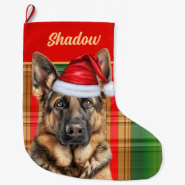Meia De Natal Grande Holiday German Shepherd Plaid with Dog's Name