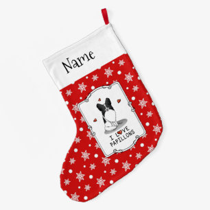 Meia De Natal Grande I Love Papillons (branco e preto) Hearts Dogs Cute