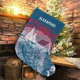 Meia De Natal Grande ❄ Ilustração Gravada de Paisagem de Inverno