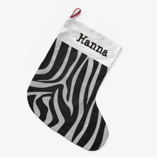 Meia De Natal Grande Impressão de Cinza Zebra Black and Light com nome