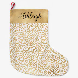 Meia De Natal Grande Impressão Dourada de Leopardo com Glama Branco