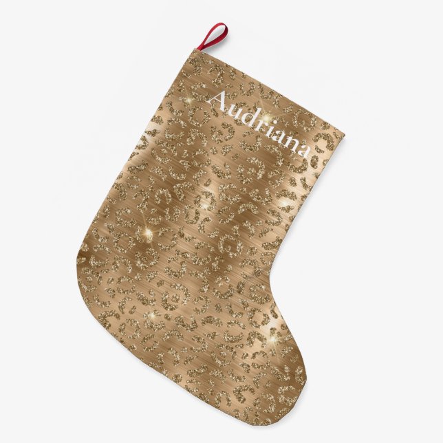 Meia De Natal Grande Impressão Leopardo com Glitter Dourada (Frente (Pendurada))