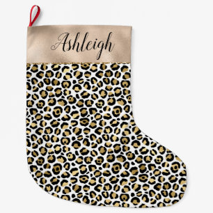 Meia De Natal Grande Impressão Leopardo Dourada com Glama Preto