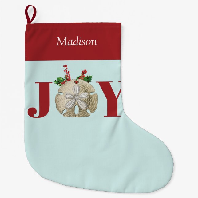 Meia De Natal Grande Joy Christmas Sand Dollar Holly Berries Coastal (Frente)