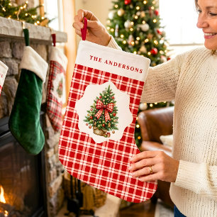 Meia De Natal Grande Laço Xadrez Vermelho Árvore de Natal Personalizada