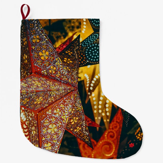 Meia De Natal Grande Lanternas Estrelas (Frente)
