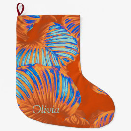 Meia De Natal Grande Laranja queimada e Folhas Tropicais Elétricas Azui