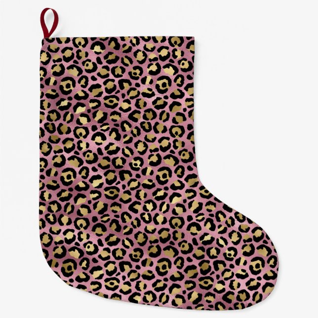 Meia De Natal Grande Leopard Series Design 15 rosa e Dourada (Frente)