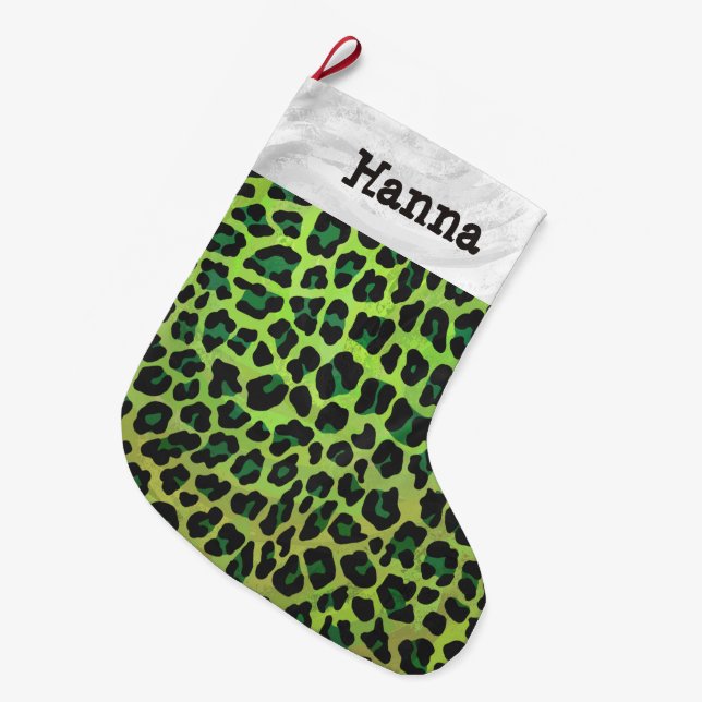 Meia De Natal Grande Leopardo Negro e Impressão Verde (Frente (Pendurada))