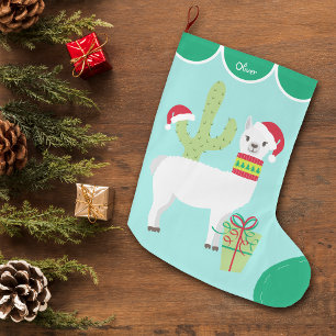 Meia De Natal Grande Lhama Branco Fofo com Chapéu de Papai Noel
