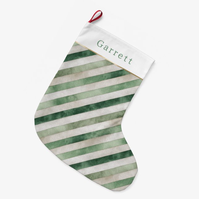 Meia De Natal Grande Listras de Creme Verde Natal (Frente (Pendurada))